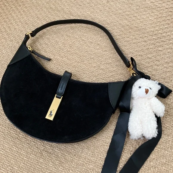 NWOT RALPH LAUREN ID saddle bag black suede gold hardware + bear key charm - Picture 6 of 10